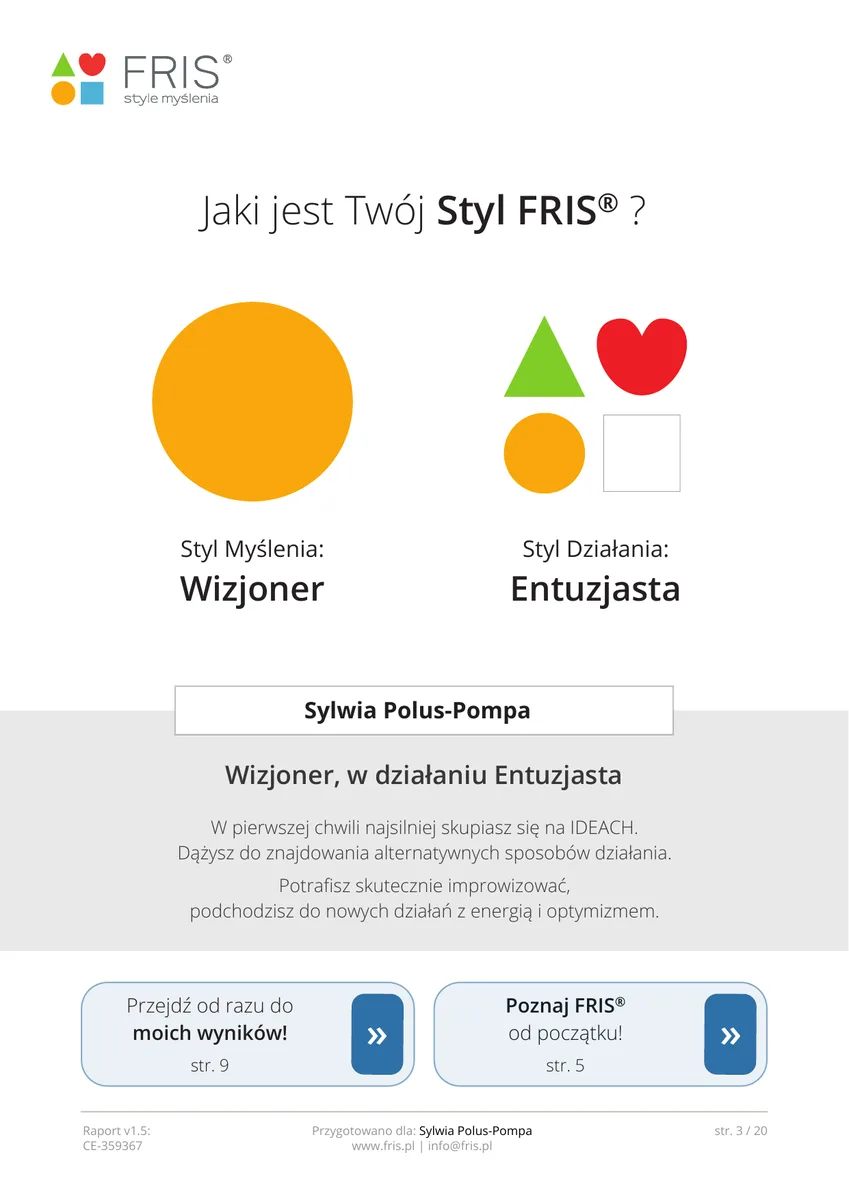 Strona raportu FRIS Sylwii Polus: Styl Myślenia: Wizjoner, Styl Działania: Entuzjasta